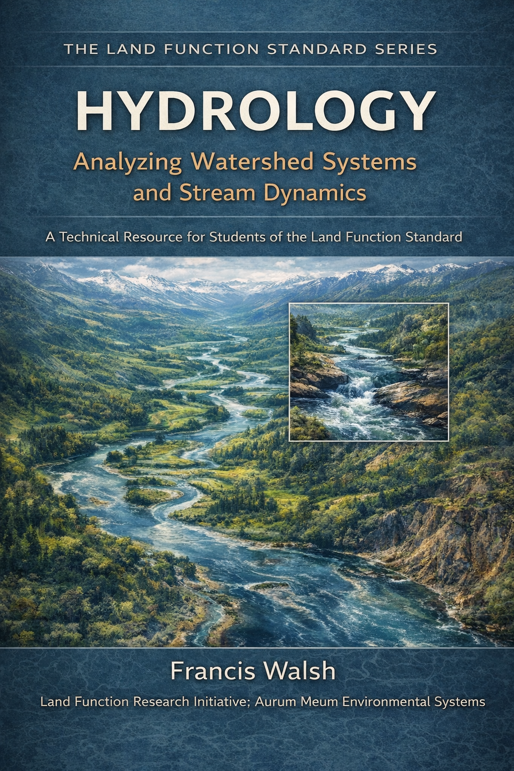 Hydrology book cover from the Land Function Standard Series showing a mountain watershed landscape with rivers illustrating water movement through terrain.
